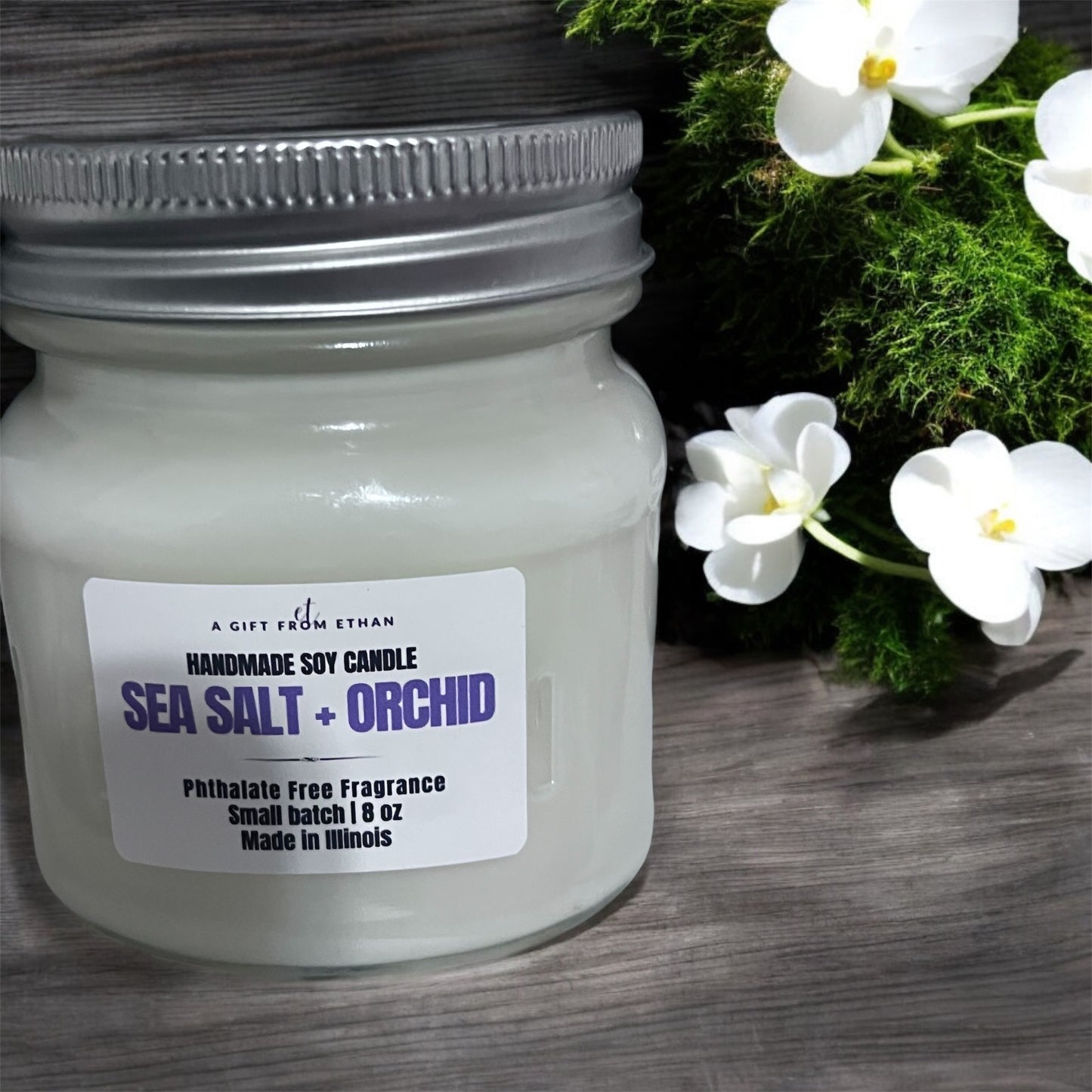 Sea Salt & Orchid 9 oz Hand-Poured Soy Candle: Phthalate & Dye Free, Clean Scent. Handmade Relaxing Home Fragrance.
