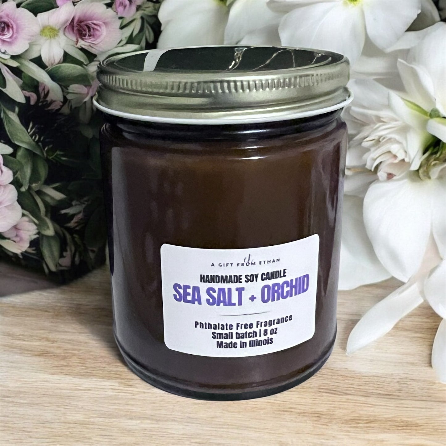 Sea Salt & Orchid 9 oz Hand-Poured Soy Candle: Phthalate & Dye Free, Clean Scent. Handmade Relaxing Home Fragrance.